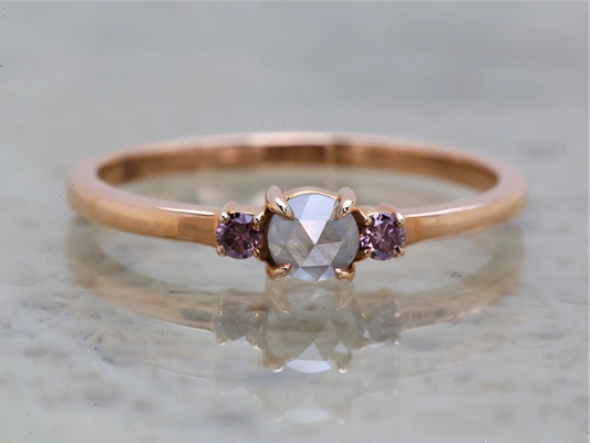 Salt and Pepper Round Rose Cut Diamond Engagement Ring 14k Rose Gold