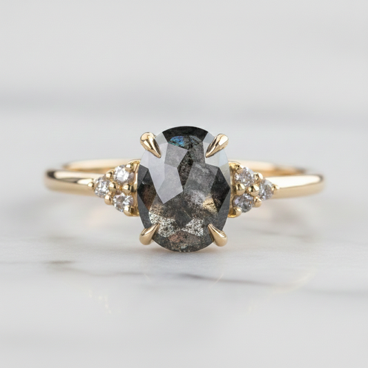 Fancy Salt and Pepper Oval Rose Cut Diamond Enganement Ring 14K Rose Gold Shree Diamond Mfg