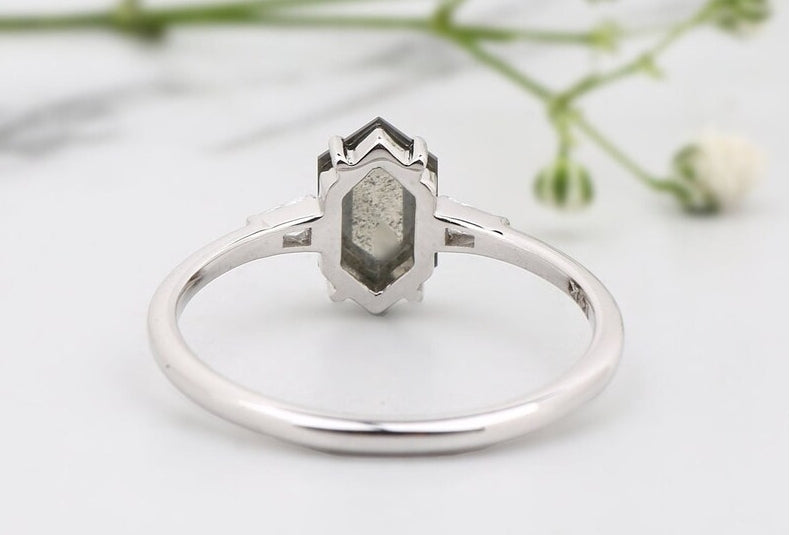 Unique Hexagone Salt and Pepper Engagement Ring, Zoe Setting, 14K White Gold With Ring Set, Anniversary Gift ! Gift For Her