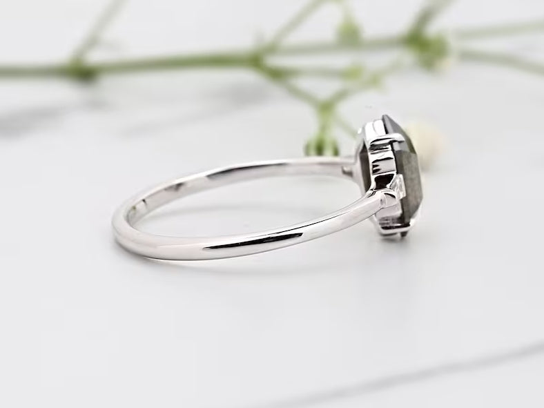 Unique Hexagone Salt and Pepper Engagement Ring, Zoe Setting, 14K White Gold With Ring Set, Anniversary Gift ! Gift For Her