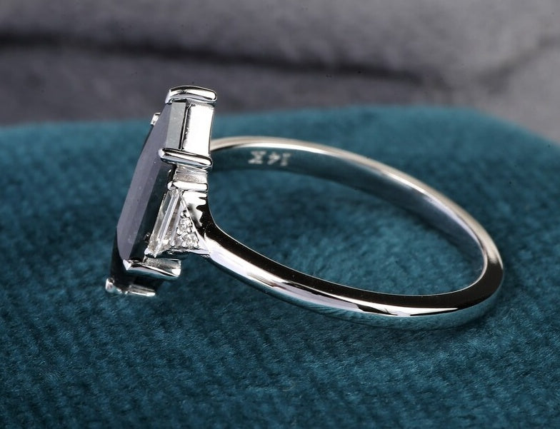 Hexagon Salt and Pepper Natural Diamond Engagement Ring 14K White Gold Vintage Classic Wedding Band Gift For Her