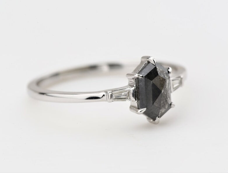 Salt and Pepper Ring HexagoneEngagement Ring, 14K White Gold With Ring Set, Anniversary Gift, Gift For Her