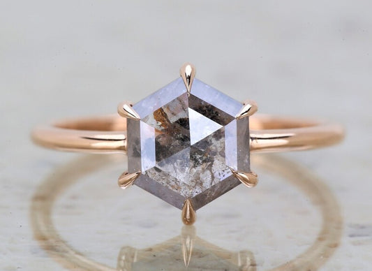 Salt And Pepper Ring, Hexagon Diamond Ring, Engagement Ring, 14K Rose Gold Ring, Rose Cut Ring, Wedding Ring, Gift For Her
