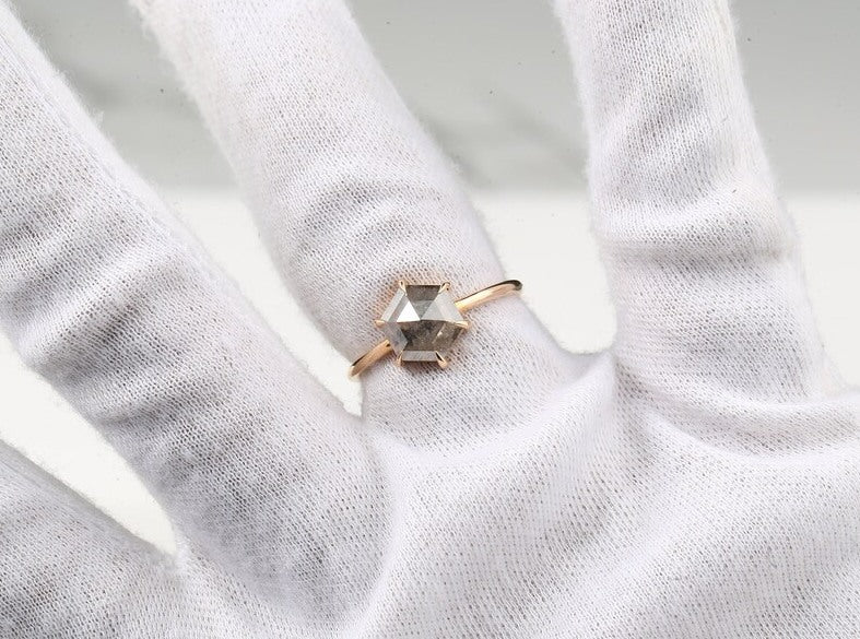 Salt And Pepper Ring, Hexagon Diamond Ring, Engagement Ring, 14K Rose Gold Ring, Rose Cut Ring, Wedding Ring, Gift For Her