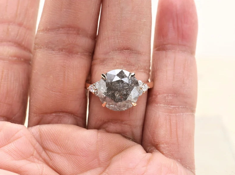 7.78 Carat Vintage Salt and Pepper Diamond Engagement Ring ! Natural Round Cut Diamond ! Natural Diamond For Anniversary Ring ! Gift For Her