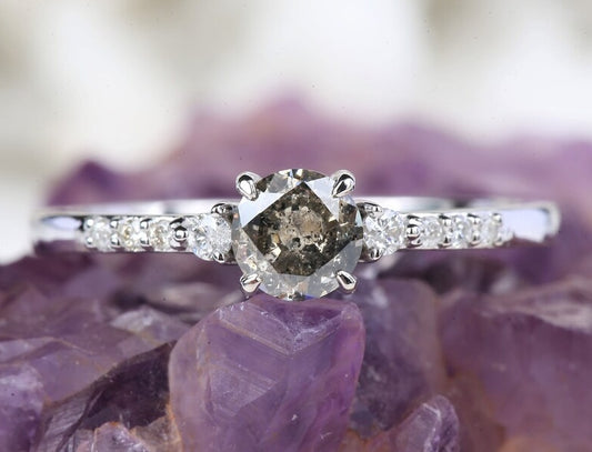 Salt and Pepper Diamond Engagement Ring, Vintage Solid 14K Gold Wedding Ring, Round Cut Anniversary Promise Ring For Woman ! Gift For Her