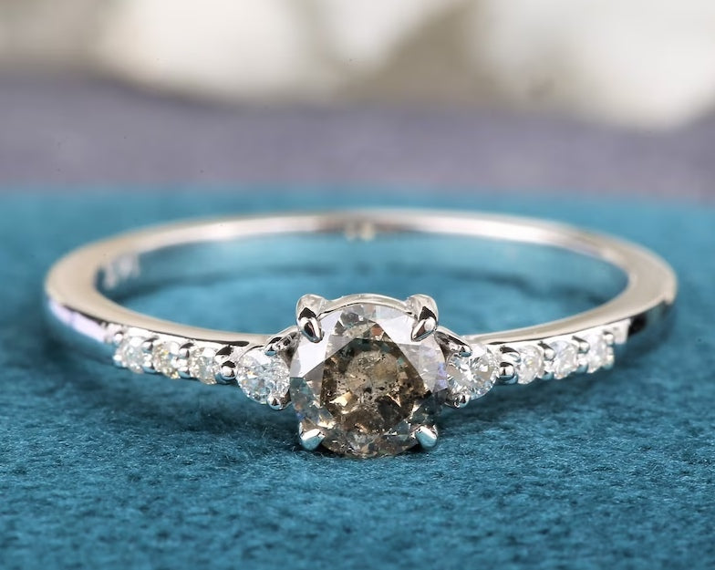 Salt and Pepper Diamond Engagement Ring, Vintage Solid 14K Gold Wedding Ring, Round Cut Anniversary Promise Ring For Woman ! Gift For Her