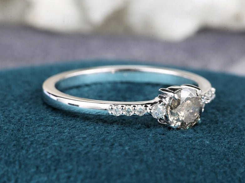 Salt and Pepper Diamond Engagement Ring, Vintage Solid 14K Gold Wedding Ring, Round Cut Anniversary Promise Ring For Woman ! Gift For Her