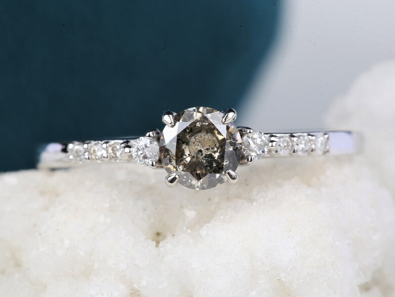 Salt and Pepper Diamond Engagement Ring, Vintage Solid 14K Gold Wedding Ring, Round Cut Anniversary Promise Ring For Woman ! Gift For Her