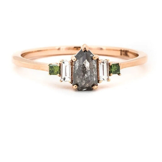 Salt and Pepper Diamond engagement ring vintage wedding ring solitaire ring unique rose gold Shield diamond Wedding anniversary ring