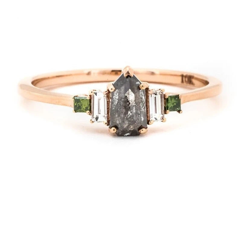 Salt and Pepper Diamond engagement ring vintage wedding ring solitaire ring unique rose gold Shield diamond Wedding anniversary ring