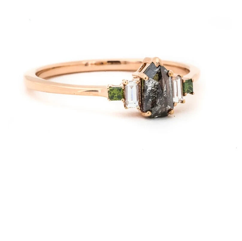Salt and Pepper Diamond engagement ring vintage wedding ring solitaire ring unique rose gold Shield diamond Wedding anniversary ring