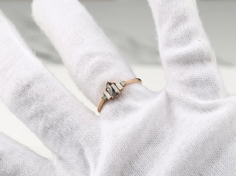 Salt and Pepper Diamond engagement ring vintage wedding ring solitaire ring unique rose gold Shield diamond Wedding anniversary ring