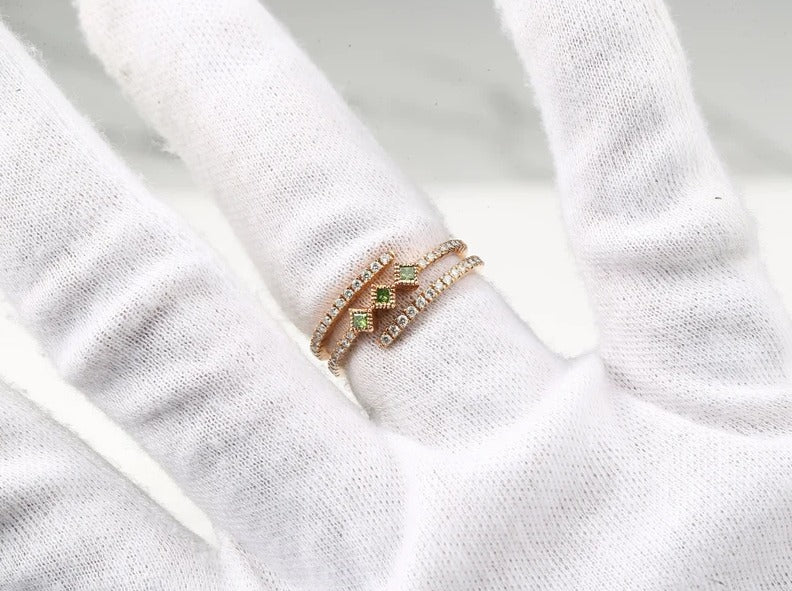 Vintage Diamond engagement ring 14k rose gold diamond band green princess rings art deco ring wedding anniversary promise ring, Gift for Her