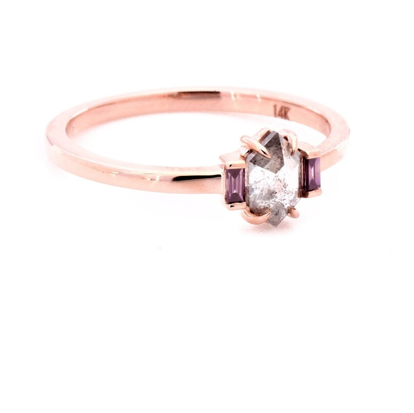 Salt and Pepper Diamond Ring, Shield Diamond Ring, Engagement Ring, 14K Rose Gold Ring, Wedding Ring, Gift For Her
