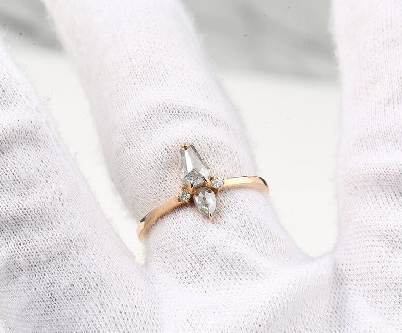 Salt And Pepper Diamond Ring, Coffin Diamond Ring, Engagement Ring, 14K Rose Gold Ring, Wedding Ring, Ring For Women, Art Deco Ring
