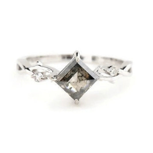 Salt and Pepper Diamond Ring ! Natural Square Cut Diamond ! Natural Brown Color Diamond Engagement Ring Set ! Gift For Her ! Ring Set