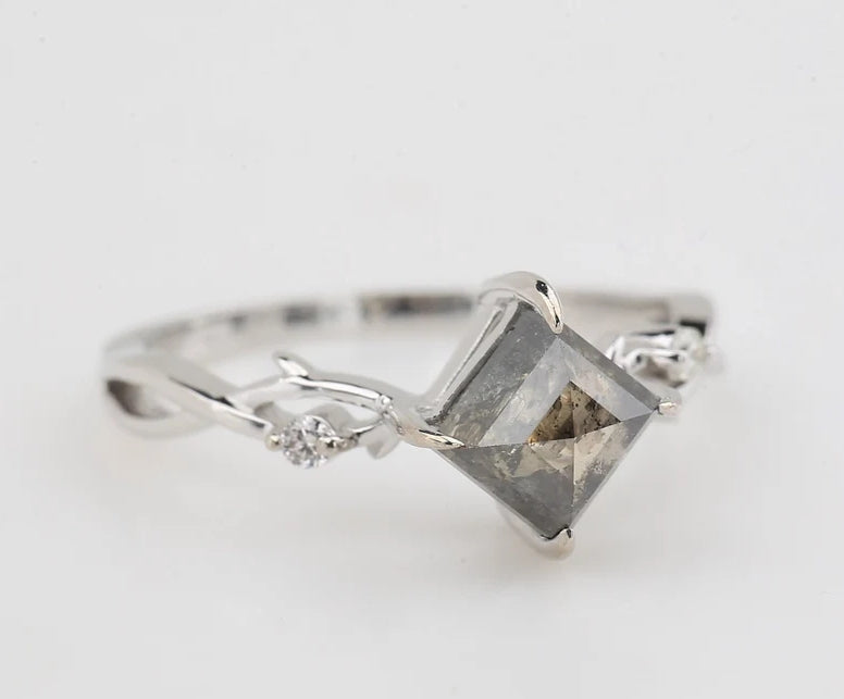Salt and Pepper Diamond Ring ! Natural Square Cut Diamond ! Natural Brown Color Diamond Engagement Ring Set ! Gift For Her ! Ring Set
