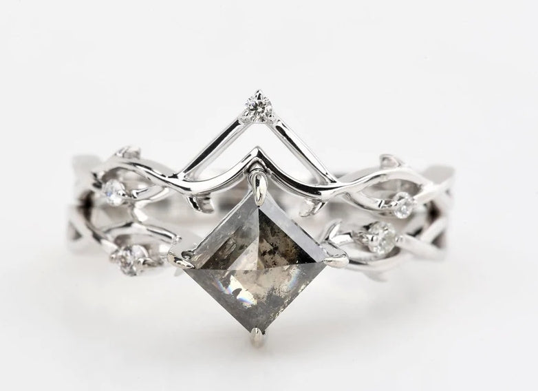 Salt and Pepper Diamond Ring ! Natural Square Cut Diamond ! Natural Brown Color Diamond Engagement Ring Set ! Gift For Her ! Ring Set