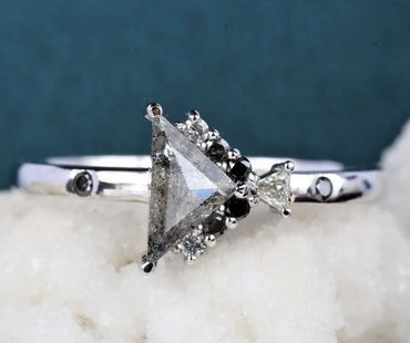 Salt and Pepper diamond Ring, Triangle Wedding Ring, triangle diamond ring, salt and pepper engagement ring, Anniversary Ring Gift for Her