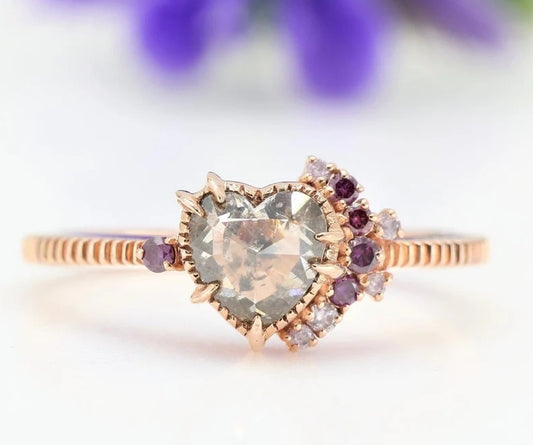 Salt and Pepper Diamond Ring ! Natural Heart Shape Engagement Ring ! Natural Brown Diamond Anniversary Ring ! Gift For Her