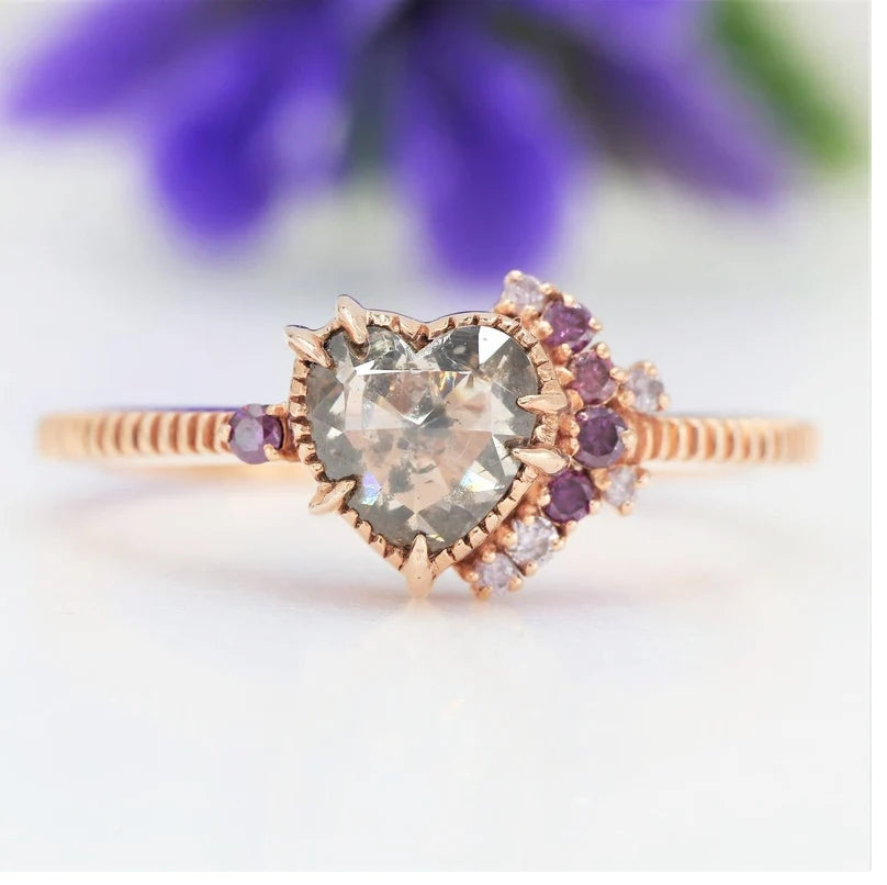 Salt and Pepper Diamond Ring ! Natural Heart Shape Engagement Ring ! Natural Brown Diamond Anniversary Ring ! Gift For Her
