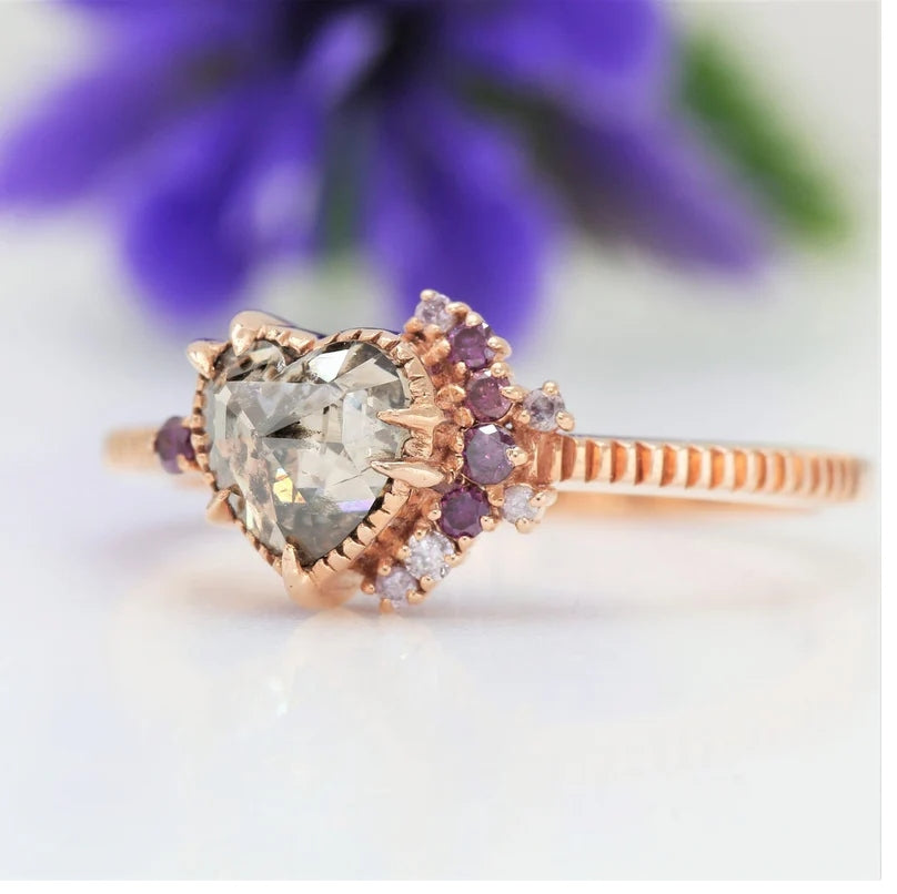 Salt and Pepper Diamond Ring ! Natural Heart Shape Engagement Ring ! Natural Brown Diamond Anniversary Ring ! Gift For Her