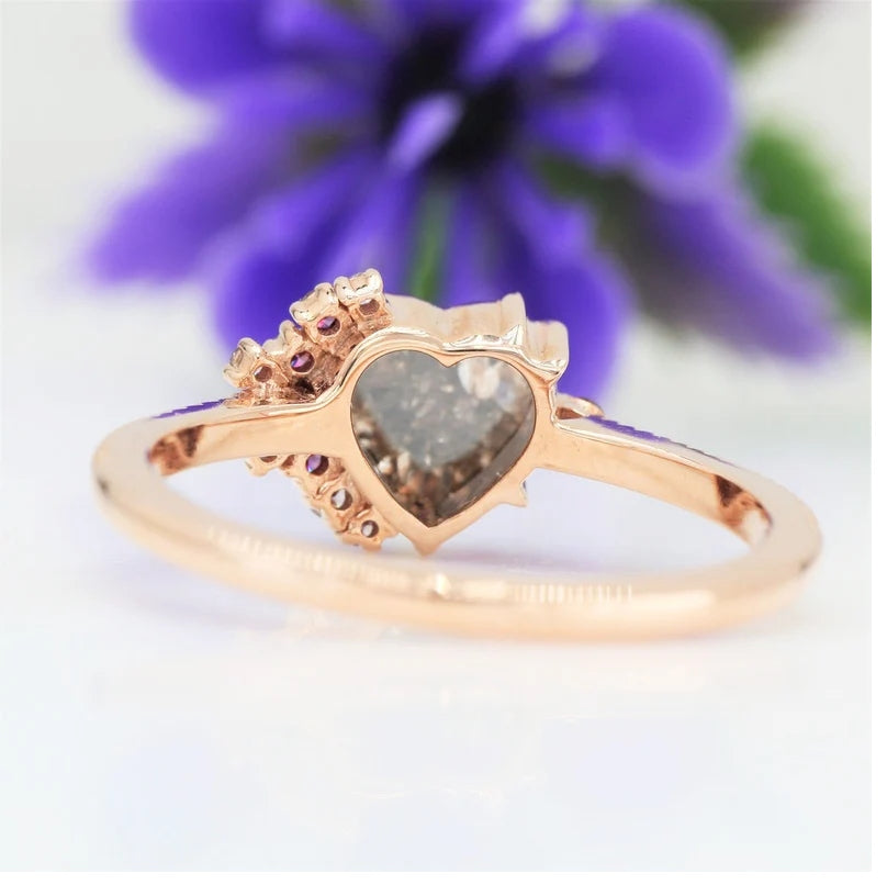 Salt and Pepper Diamond Ring ! Natural Heart Shape Engagement Ring ! Natural Brown Diamond Anniversary Ring ! Gift For Her