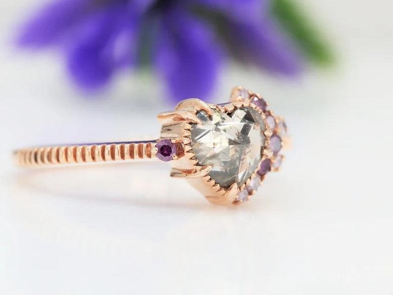 Salt and Pepper Diamond Ring ! Natural Heart Shape Engagement Ring ! Natural Brown Diamond Anniversary Ring ! Gift For Her