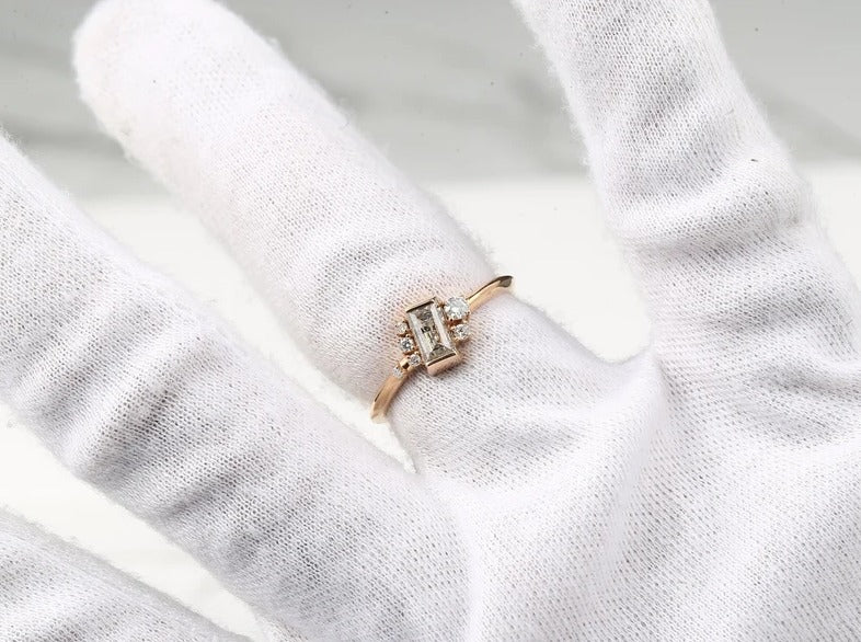 Salt and Pepper Diamond Engagement Ring ! Natural Emerald Cut Diamond ! Natural Diamond For Anniversary Ring ! Gift For Her