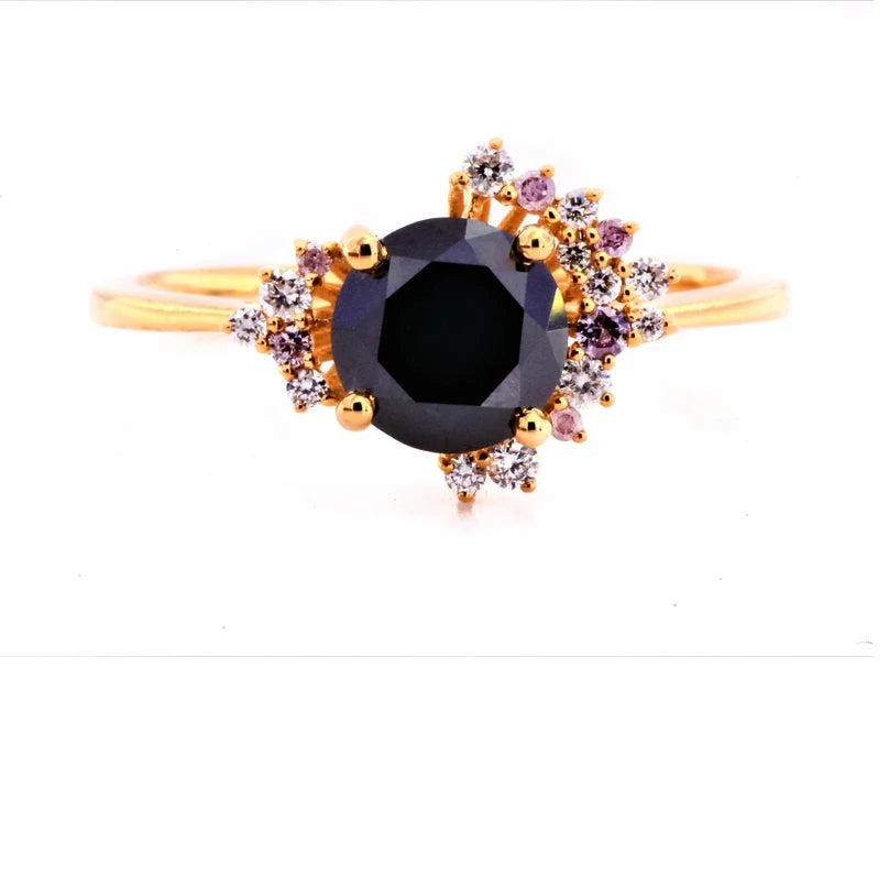 1.25 Ct round diamond engagement ring ! vintage natural black engagement ring ! diamond Twisted cluster ring