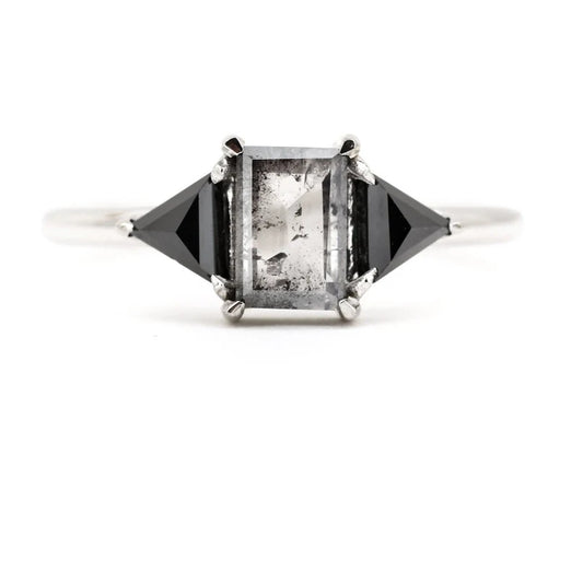 Salt and Pepper Baguette Engagement Ring Natural Diamond Anniversary Ring 14K White Gold Gift For Her