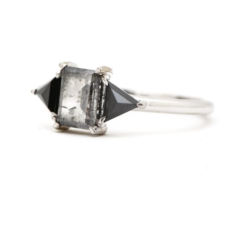 Salt and Pepper Baguette Engagement Ring Natural Diamond Anniversary Ring 14K White Gold Gift For Her