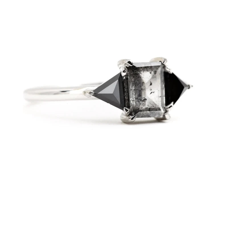 Salt and Pepper Baguette Engagement Ring Natural Diamond Anniversary Ring 14K White Gold Gift For Her