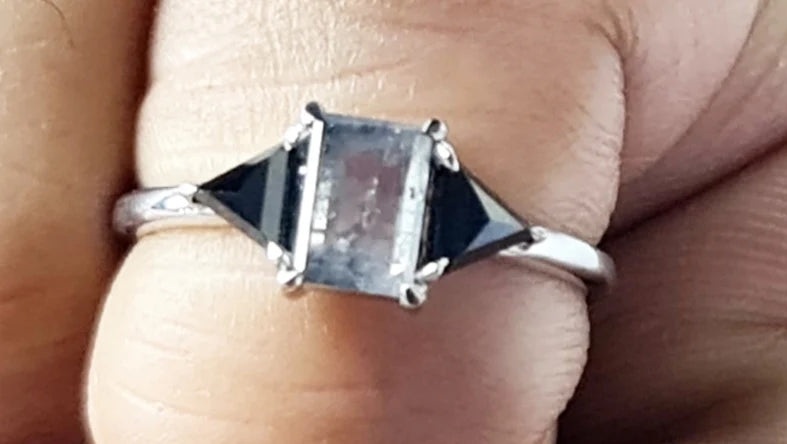 Salt and Pepper Baguette Engagement Ring Natural Diamond Anniversary Ring 14K White Gold Gift For Her