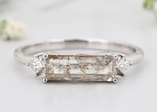 Salt and Pepper Baguette Diamond Engagement Ring ! Natural Gray Diamond Anniversary Ring ! 14K White Gold ! Gift For Her