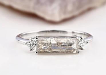 Salt and Pepper Baguette Diamond Engagement Ring ! Natural Gray Diamond Anniversary Ring ! 14K White Gold ! Gift For Her