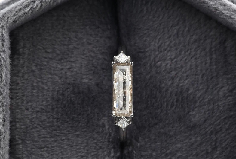 Salt and Pepper Baguette Diamond Engagement Ring ! Natural Gray Diamond Anniversary Ring ! 14K White Gold ! Gift For Her