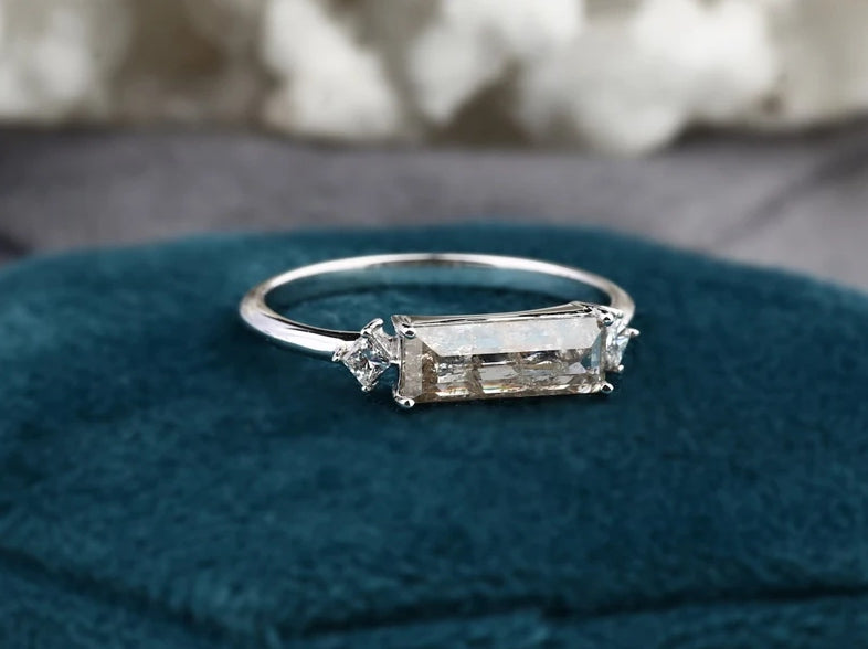 Salt and Pepper Baguette Diamond Engagement Ring ! Natural Gray Diamond Anniversary Ring ! 14K White Gold ! Gift For Her
