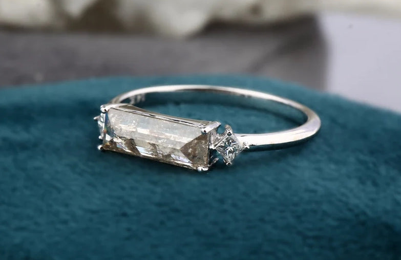 Salt and Pepper Baguette Diamond Engagement Ring ! Natural Gray Diamond Anniversary Ring ! 14K White Gold ! Gift For Her
