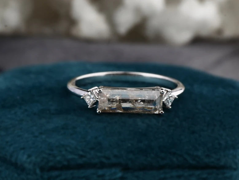 Salt and Pepper Baguette Diamond Engagement Ring ! Natural Gray Diamond Anniversary Ring ! 14K White Gold ! Gift For Her