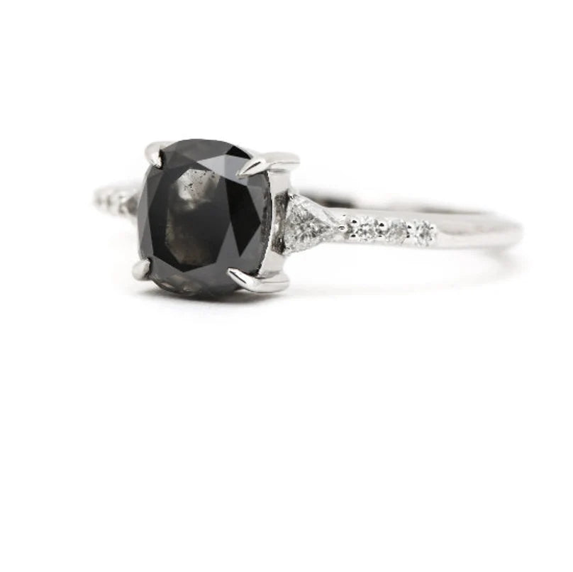Salt and Pepper Cushion Engagement Ring ! Side Stone Triangle VS White Diamond Wedding Ring ! Gift For Her ! Anniversary Gift