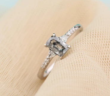 Salt and Pepper Cushion Gray Engagement Ring Side Stone Triangle VS White Diamond Wedding Ring ! Gift For Her ! Anniversary Gift