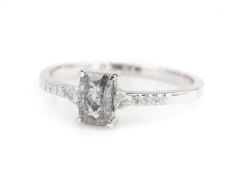 Salt and Pepper Cushion Gray Engagement Ring Side Stone Triangle VS White Diamond Wedding Ring ! Gift For Her ! Anniversary Gift