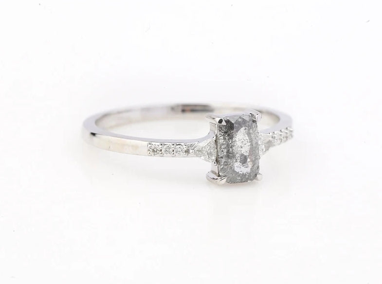 Salt and Pepper Cushion Gray Engagement Ring Side Stone Triangle VS White Diamond Wedding Ring ! Gift For Her ! Anniversary Gift