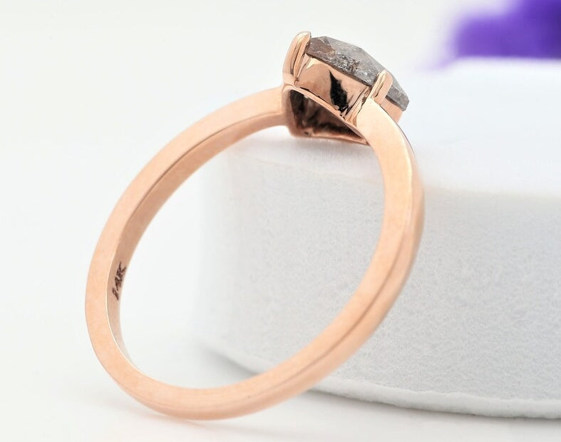 0.91 CT Salt And Pepper Ring, Trillion Diamond Ring, Engagement Ring, 14K Rose Gold Ring, Rose Cut Ring, Wedding Ring, Gift For Her