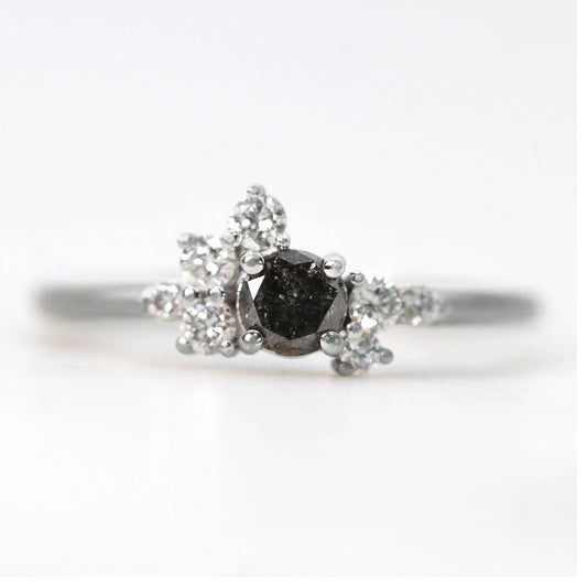 Salt and Pepper Diamond Ring ! Natural Round Cut Diamond Engagement Ring ! Natural Black Diamond Anniversary Ring !