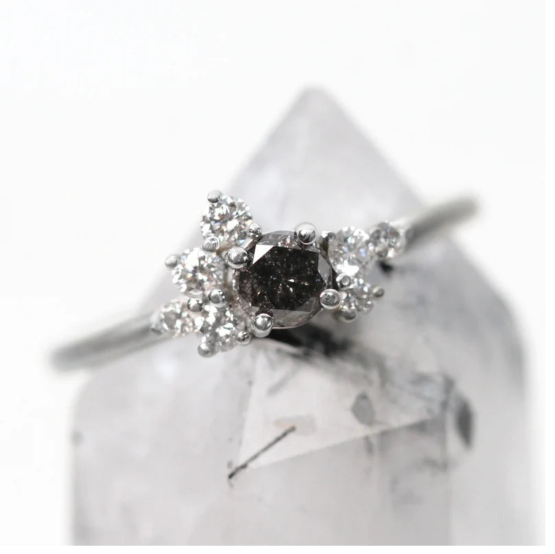Salt and Pepper Diamond Ring ! Natural Round Cut Diamond Engagement Ring ! Natural Black Diamond Anniversary Ring !