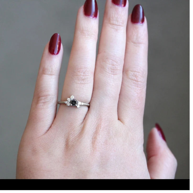 Salt and Pepper Diamond Ring ! Natural Round Cut Diamond Engagement Ring ! Natural Black Diamond Anniversary Ring !