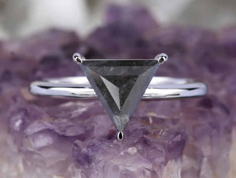 Salt and Pepper Diamond Ring ! Natural Triangle Cut Diamond ! Natural Gray Color Diamond Anniversary Ring ! Gift For Her